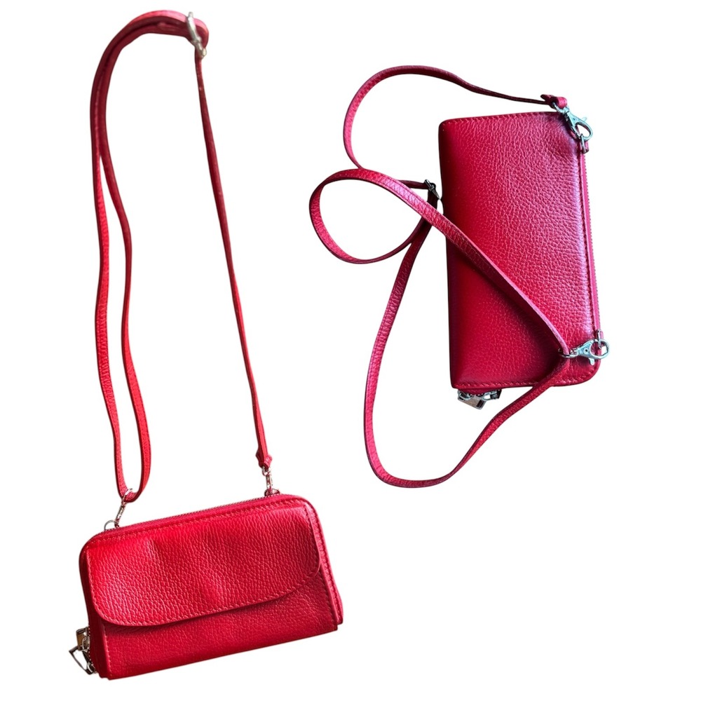 Vera Pelle Made in Italy Women's Red Leather‎ Wallet Crossbody Phone Bag